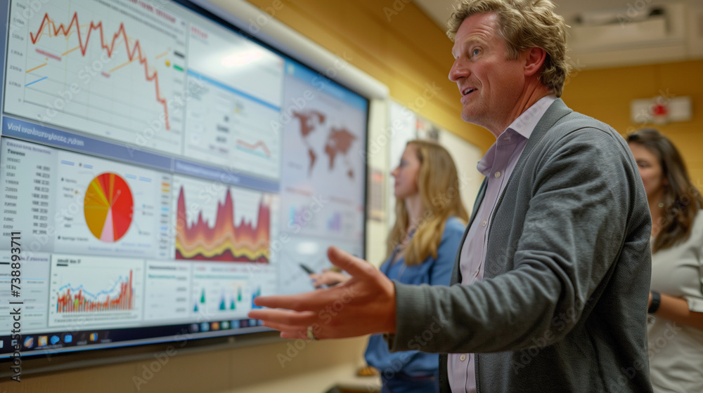 A dynamic presentation in progress with a sales team focused on charts showing significant revenue increase strategies.. A dynamic presentation in progress with a sales team focused on charts showing significant revenue increase strategies..