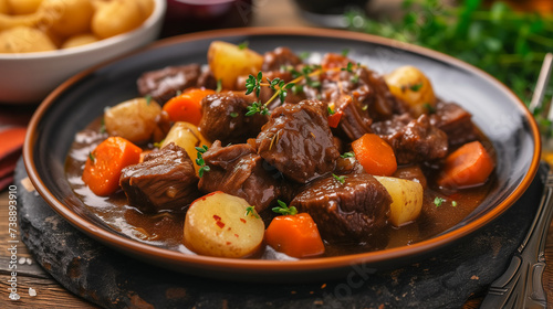 Beef bourguignon plate a traditional French beef stew in red wine sauce and vegetables