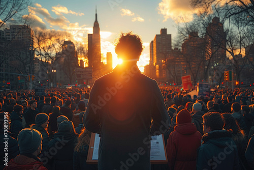 Orator's backlit silhouette against a sunset crowd in a city park.