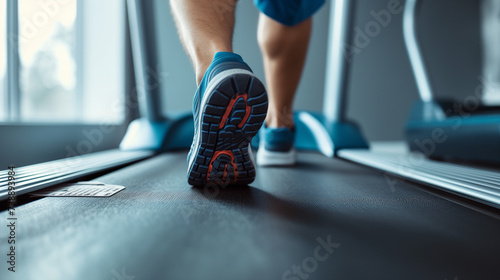 Close-up of man feet on a treadmill running at the gym or at home photo