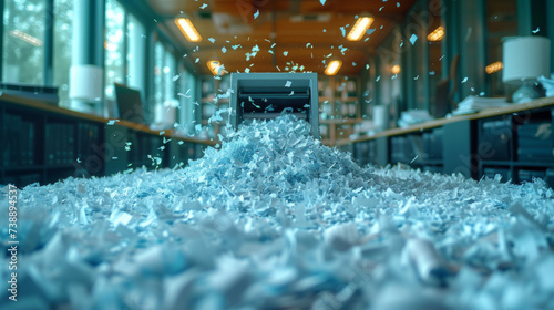 A high-resolution capture of a professional-grade shredder machine at work, shredding paper into fine pieces, depicting the process of document destruction and confidentiality