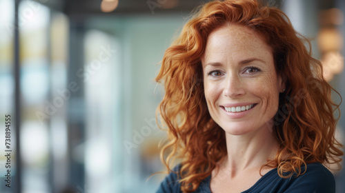 smiling woman with red curly hair and freckles, wearing a dark blue top, standing in an indoor setting that appears to be a modern office or business environment.