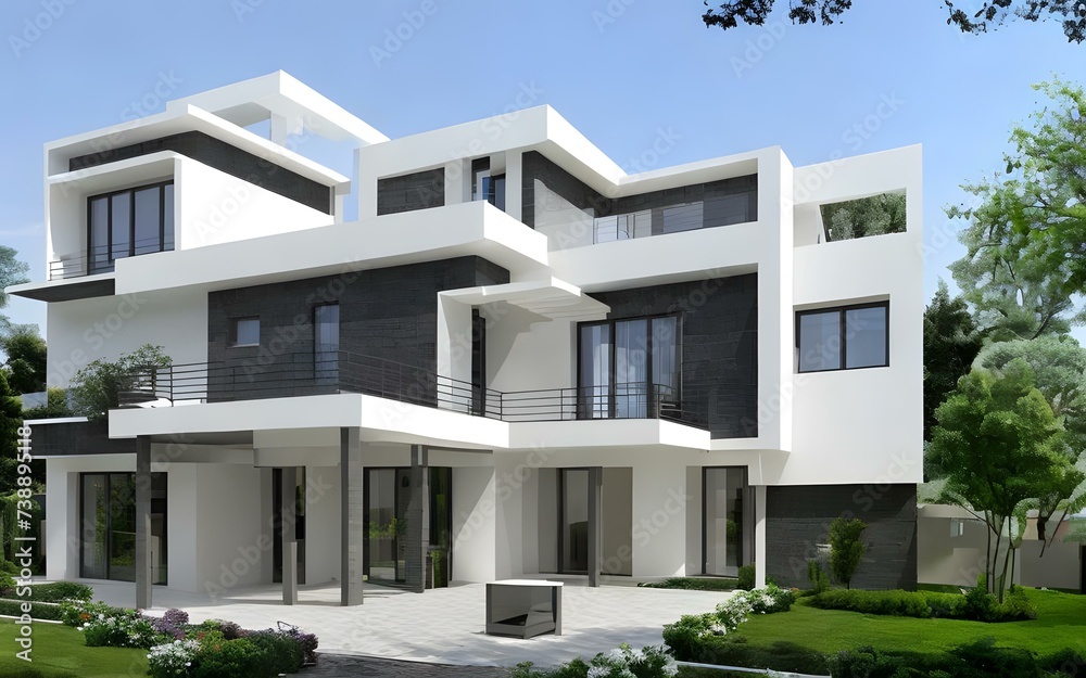 Beautiful contemporary white house with blue sky