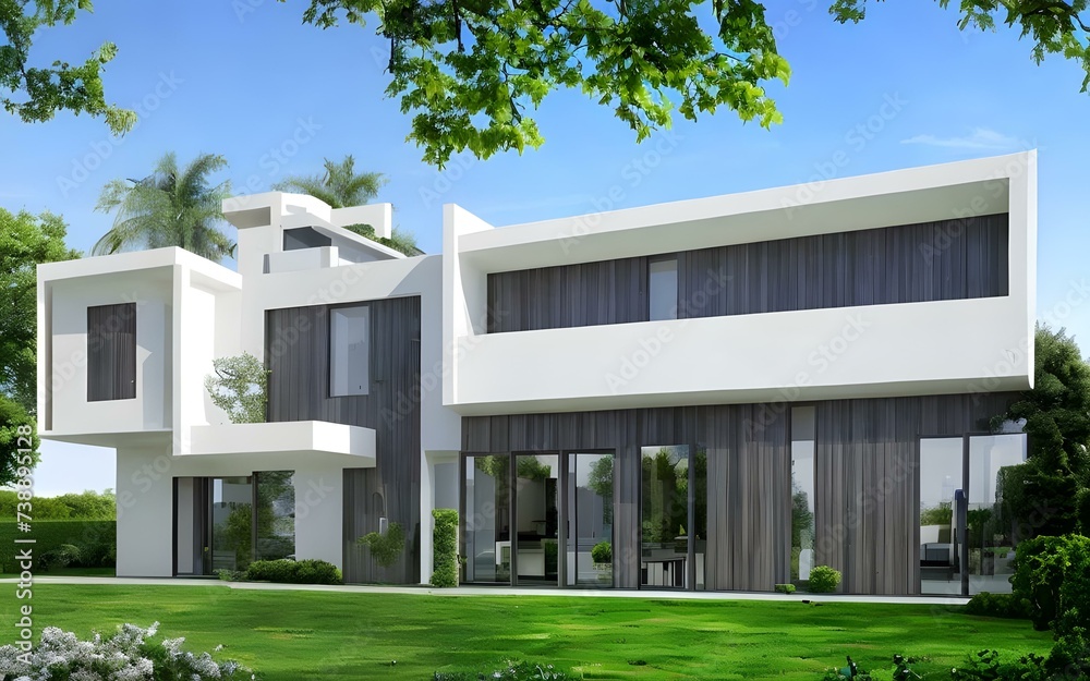 Beautiful contemporary white house with blue sky Beautiful contemporary white house with blue sky