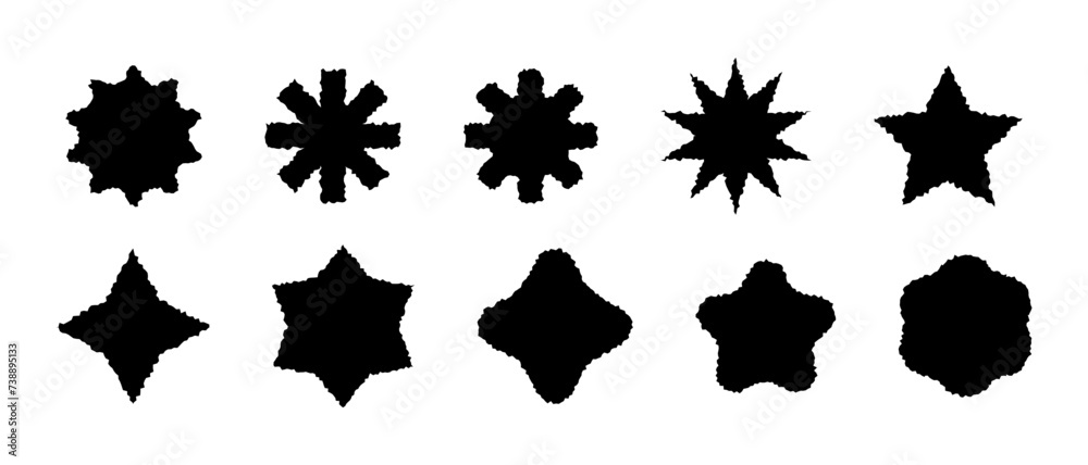 Star shaped silhouettes with a rough, ragged edge. Set of grunge elements for collage, sticker. Black icons. Star flower. Vector illustration. Star shaped silhouettes with a rough, ragged edge. Set of grunge elements for collage, sticker. Black icons. Star flower. Vector illustration.