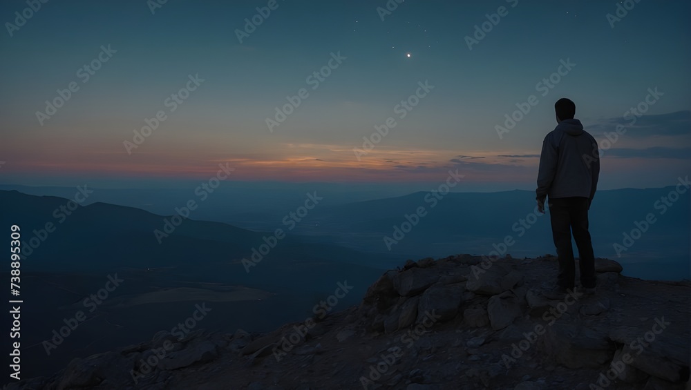 In the twilight of existence, a solitary figure stands atop a mountain, gazing at the birth of a new universe In the twilight of existence, a solitary figure stands atop a mountain, gazing at the birth of a new universe