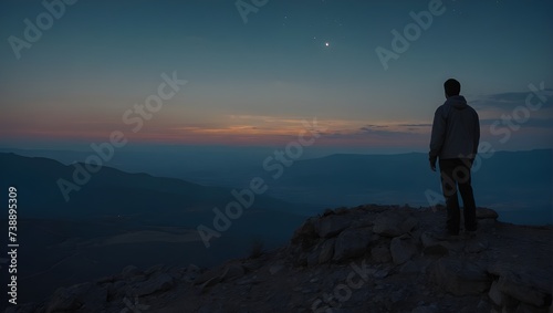 In the twilight of existence, a solitary figure stands atop a mountain, gazing at the birth of a new universe © Amr