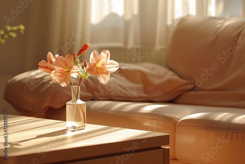 A sunlit living room bathed in warm peach tones  featuring a sleek wooden coffee table adorned with a single  blooming peach flower  positioned beside a plush peach-colored sofa