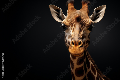 Close-up of a giraffe’s face, showcasing unique patterns and textures of the animal against a black background with copy space © Mary_AMM