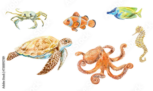 Sea animals set, watercolor. Turtle, octopus, fish, seahorse, crab. Vector illustration. Design element for postcards, travel banners, flyers, labels.