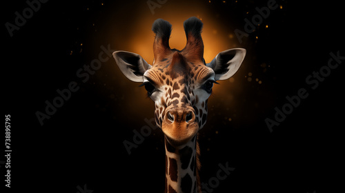Portrait of a giraffe in shining golden light on a pure black background, embodying the concept of natural majesty and beauty