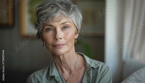Portrait of beautiful senior woman looking at camera while sitting at home