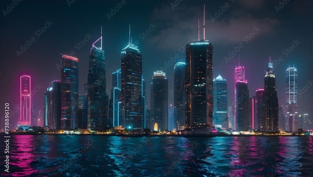 Fototapeta premium A city of neon dreams rises from the depths of the ocean, its skyscrapers reaching for the surface