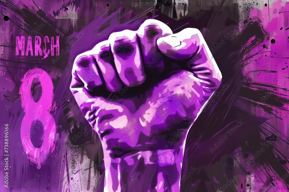 8 march illustration,  International Women’s Day Tribute with fists raised , purple colors
