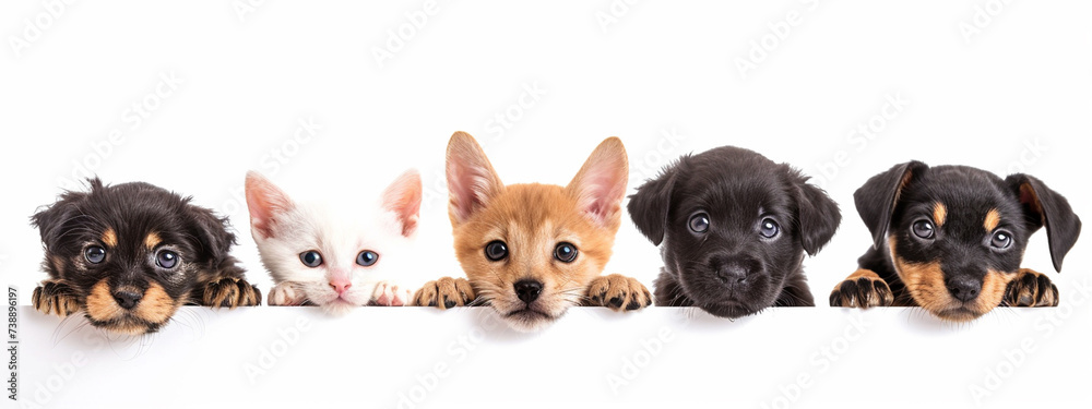 kittens and puppies on a white background