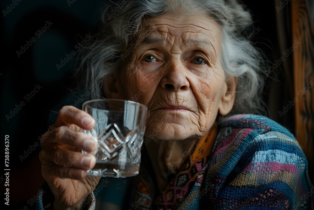 Elderly woman holds a glass symbolizing health and vitality. Concept Family Bonding, Health and Wellness, Aging Gracefully, Lifestyle Portrait, Positive Aging Elderly woman holds a glass symbolizing health and vitality. Concept Family Bonding, Health and Wellness, Aging Gracefully, Lifestyle Portrait, Positive Aging