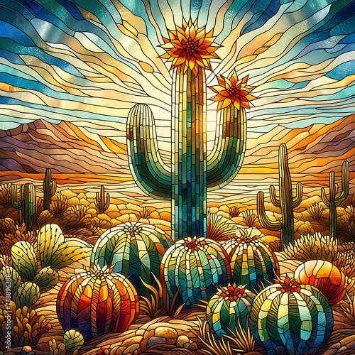 Desert cactus Stained glass design.  photo
