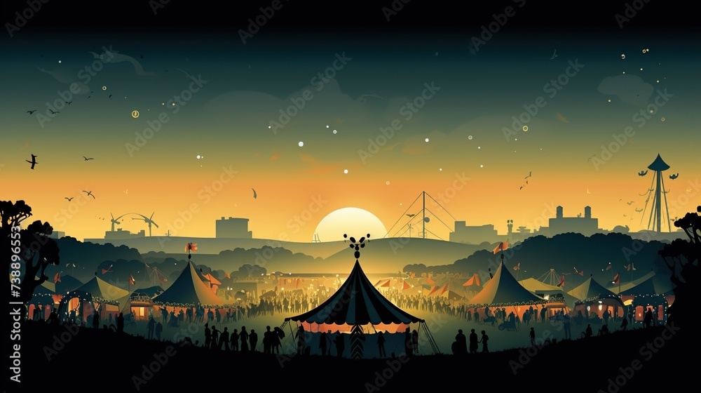 Glastonbury stage with silhouettes of people watching the festival. Held every year at Worthy Farm in Pilton, Somerset, U.K. commemorate Glastonbury Festival.illustration