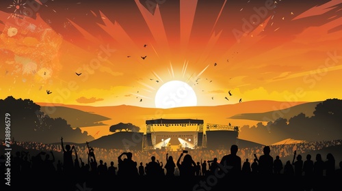 Glastonbury stage with silhouettes of people watching the festival. Held every year at Worthy Farm in Pilton, Somerset, U.K. commemorate Glastonbury Festival.illustration photo