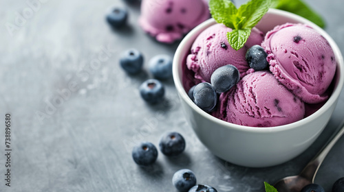 delicious blueberry ice cream in a white plate with berries