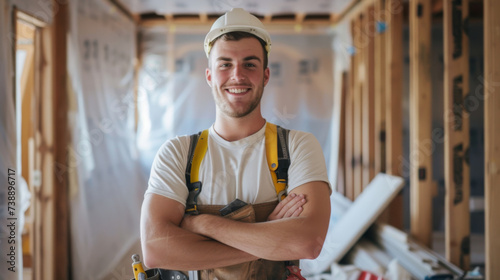 smiling young man wearing a white hard hat and a tool belt, with his arms crossed, standing in a construction site.