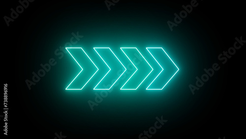 Glowing light blue color neon light arrows sign. 3D rendering right direction arrow on black background. Flashing direction indicators. Victor illustration.