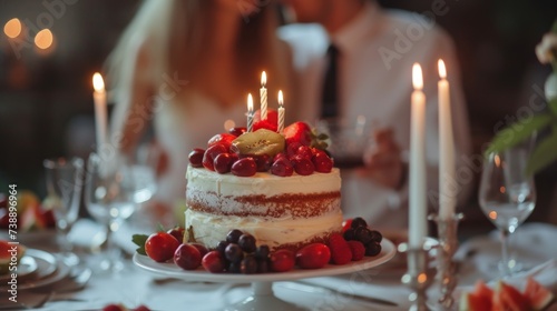 Cake on Table With Fruit