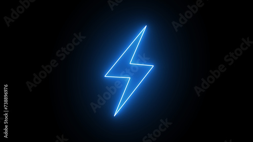Blue color neon lightning bolt, glowing sign. Abstract neon battery charging icon illustration 4k on black background