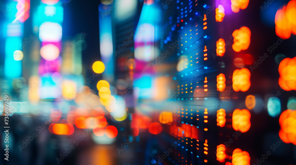 blurred view of a cityscape at night, showcasing the vibrant bokeh effect of city lights and possibly a digital stock market display. - obrazy, fototapety, plakaty 