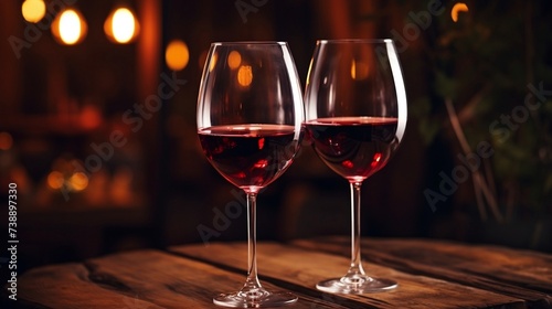 Two Wine Glasses Filled with Red Wine on a Wooden Table 