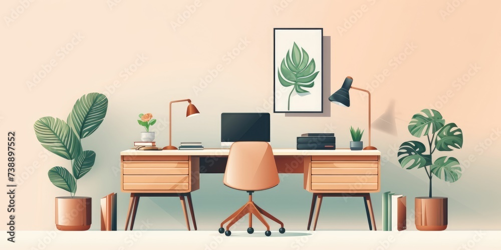 Fototapeta premium Creative composition of home office space with two wooden frames, stylish desk, chairs, plant, laptop and office accessories. Home decor background