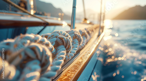 Rigging of a luxury yacht sparkling in the sun, against the background of Norwegian fjords. Concept of the Quite Luxury