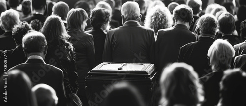 A closed coffin at a funeral surrounded by grieving family members in a moment of grief and memories, black and white photo