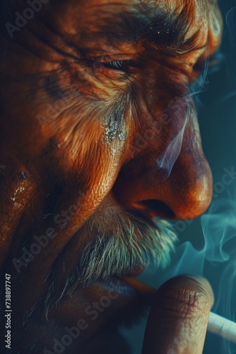 Old Man Smoking Cigarette in Dark © BrandwayArt
