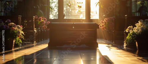 Tranquil Funeral Setting with Coffin and Floral Arrangements at Sunset photo