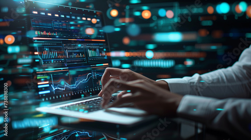 Data scientist, Programmer using laptop analyzing financial data on futuristic virtual interface. Algorithm. Global business development, strategy and planning, digital technology.