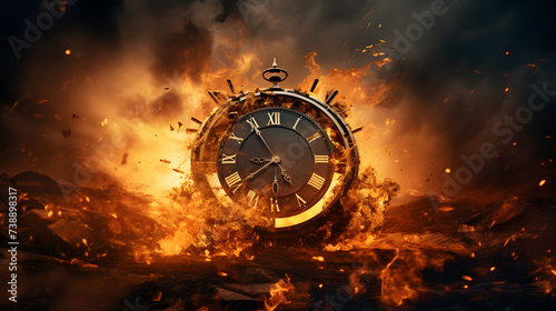 The clock is on fire. Deadline concept. Neural network AI generated art