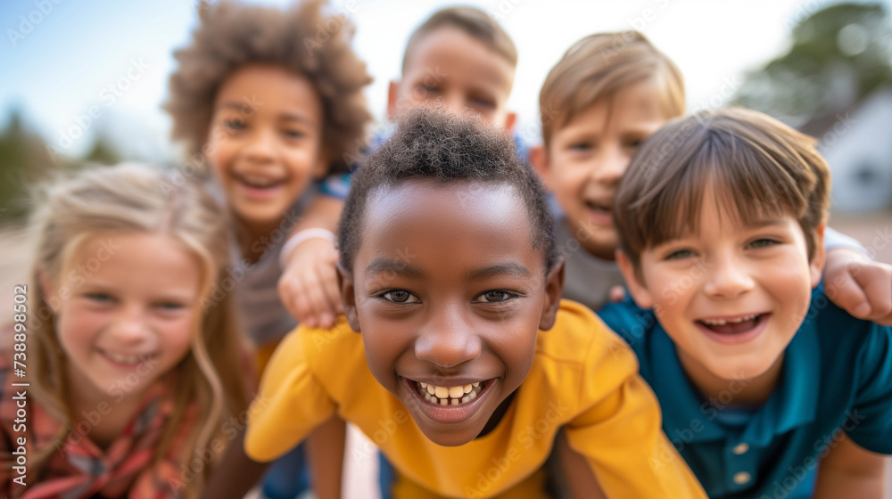 Group of diverse cheerful fun happy multiethnic children outdoors at the schoolyard. Group of diverse cheerful fun happy multiethnic children outdoors at the schoolyard.