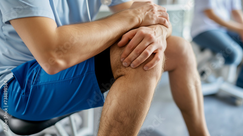 Male physical therapist doing healing treatment on mans knee in rehabilitation clinic. Professional physiotherapist or osteopath working in office. Physiotherapy and osteopathic medicine. photo
