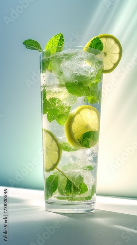 Glass of Lemonade with Lemon Slices on Blue Background