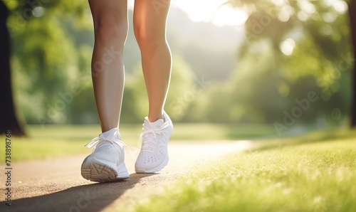 Close-up of Woman's Feet in Sneakers: Morning Jog in Park