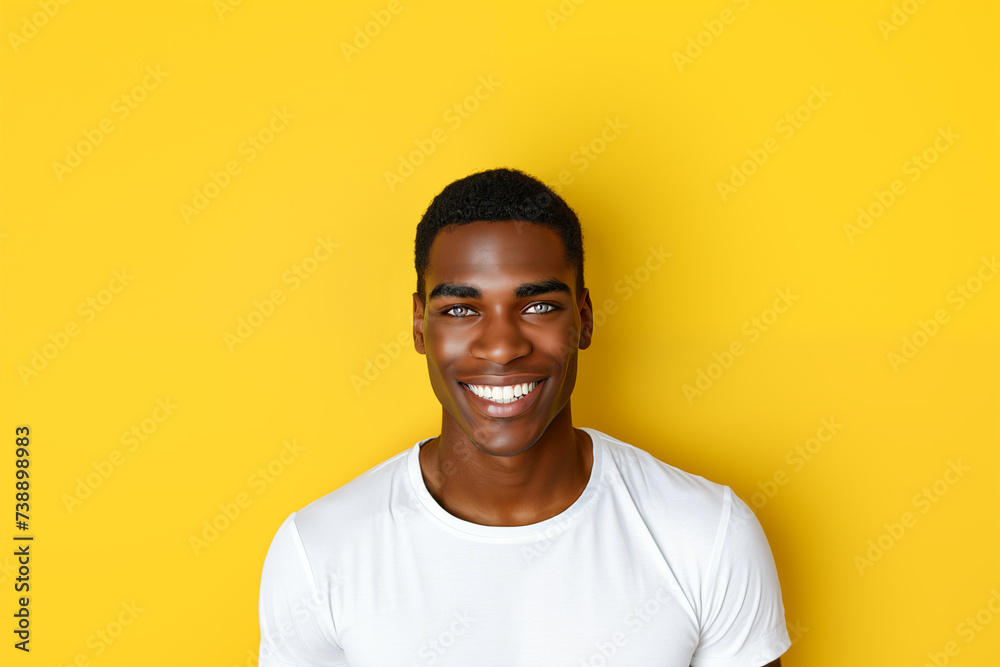Portrait of handsome young black man against yellow background. - obrazy, fototapety, plakaty 