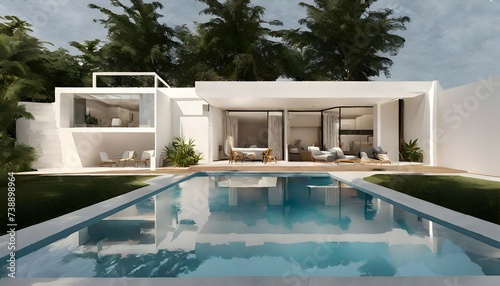 projeto de arquitetura de casa terrea com piscina construida em alvenaria com acabamentos em pintura branca photo