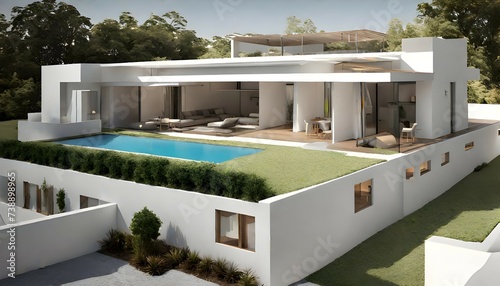 projeto de arquitetura de casa terrea com piscina construida em alvenaria com acabamentos em pintura branca photo