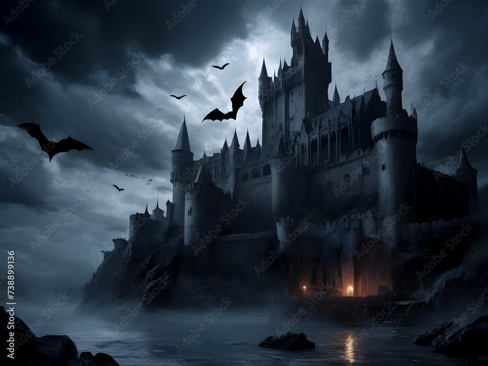 A haunted scary castle house with bats and spiders halloween background misty horror night moon light A haunted scary castle house with bats and spiders halloween background misty horror night moon light