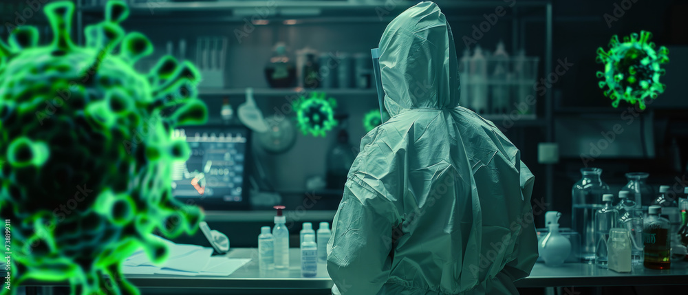 Scientist in Hazmat Suit Researching Viral Pathogens in Laboratory. The concept of Pandemic the effect of viruses on humans Scientist in Hazmat Suit Researching Viral Pathogens in Laboratory. The concept of Pandemic the effect of viruses on humans