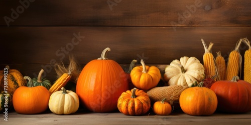 Pumpkin  Squash. Happy Thanksgiving Day wooden Table Background