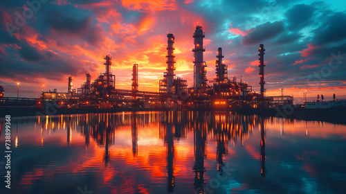 oil and gas chemical tank with oil refinery plant background at twilight, business power and energy chemical barrel
