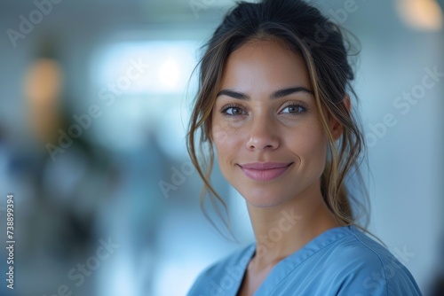 A nurse gazes into the camera in the clinic corridor, her smile warm and reassuring, embodying compassion and care amid the hospital's corridors.