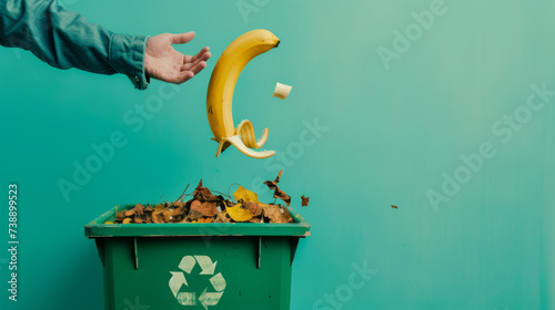 A hand is shown throwing a banana peel into a compost bin filled with various organic waste against a blue background, illustrating sustainable food waste management.